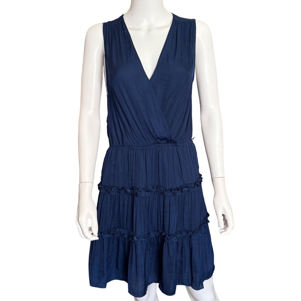 Naked Zebra Navy Sleeveless V-Neck Tiered Ruffled Dress Medium Polyester Blend